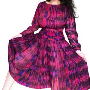 Vtg 80s Sheer Accordion Pleat Reptile Print Red Pink Purple Top + Skirt